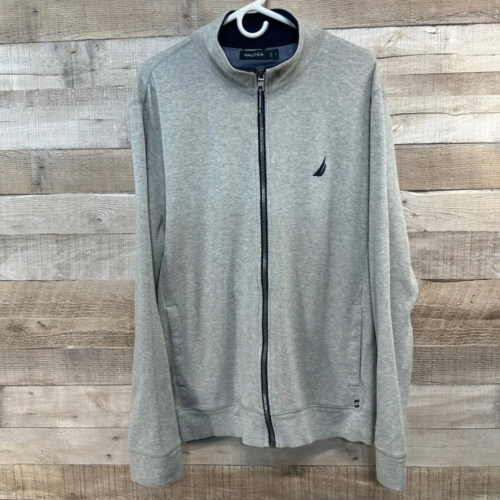 Nautica Mens Grey w/ Navy Full Zip Mock‎ Neck Knit Jacket Navy Accent Logo Large